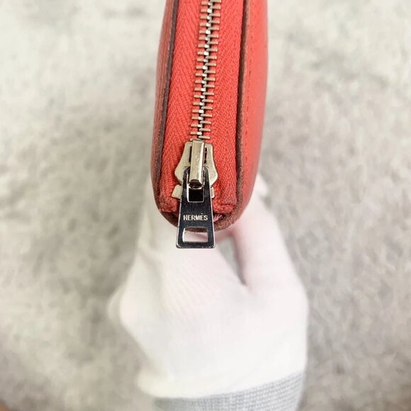 ❤HERMES Azap long silk in Veau Epsom Round-Zip-Wallet salmon pink/Silver Metal❤ - Picture 9 of 12
